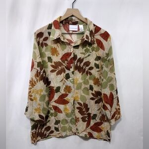 Alfred Dunner Leaves Print Button Shirt Womens 16 Multicolor Boho Retro 90s Y2K